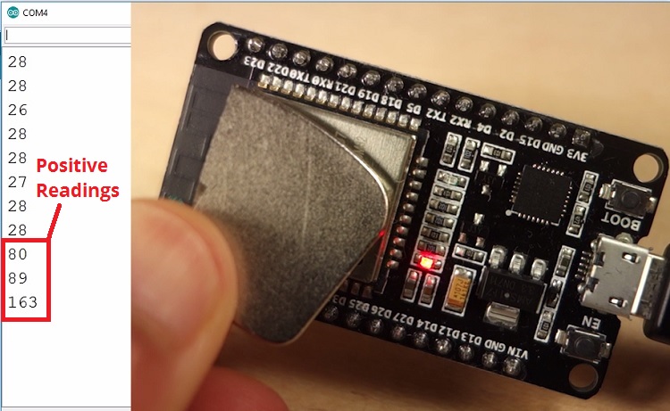 ESP32 Hall Effect Sensor Readings Arduino IDE serial monitor