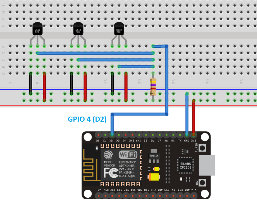 DS18B20 Multiple Temperature Sensors with ESP8266 Wiring Schematic Diagram