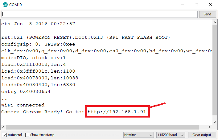 ESP32-CAM camera board IP address Arduino IDE Serial Monitor