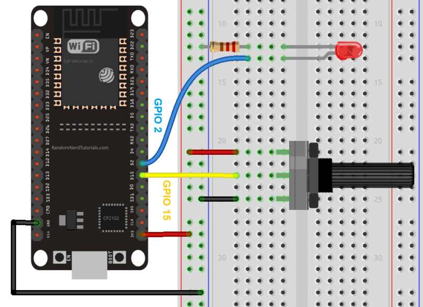 ESP32 Connected to an LED and a potentiometer
