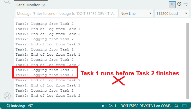 ESP32 shared serial output without mutex. One task runs before the other has finished
