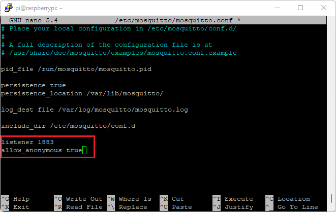 Mosquitto configuration file to allow remote connections and anonymous users