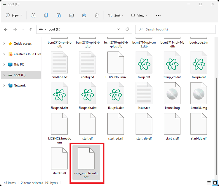 wpa_supplicant.conf file coppied to microsd card